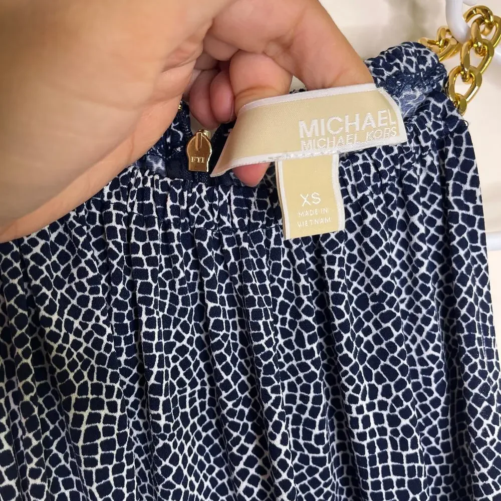 Michael Kors Midi Dress‎ Blue White Sleeveless Gold Chain Shift Womens XS